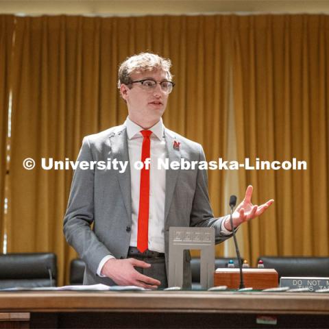 Student Body President and Student Regent, Paul Pechous gives his opening remarks for I Love NU Day at the Nebraska State Capitol. March 6, 2024. Photo by Kristen Labadie / University Communication.